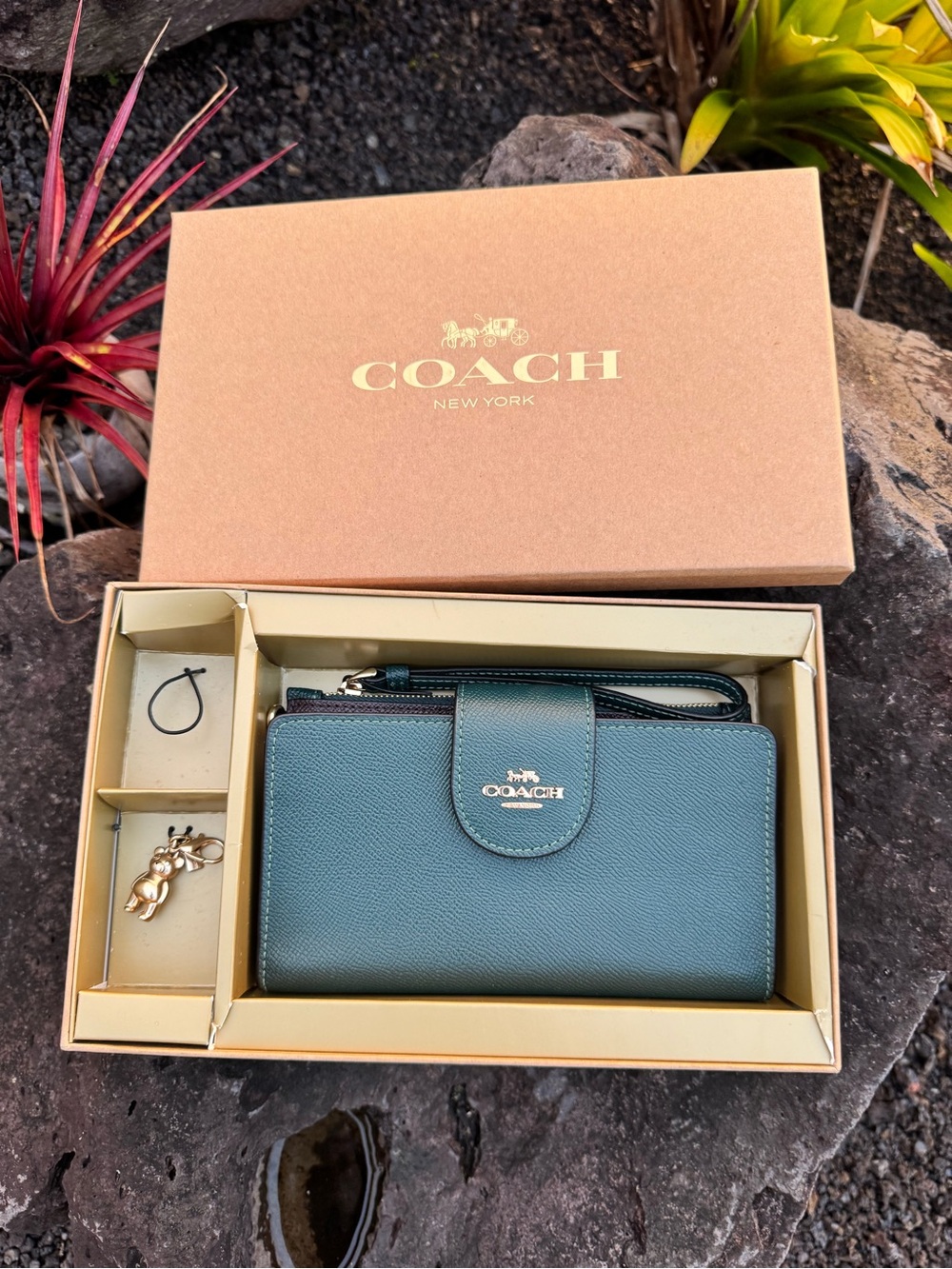 Coach New in Box Colorblock Leather Wristlet Wallet + Bear Charm